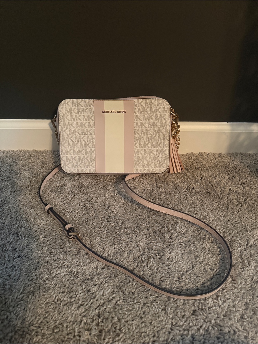 Michael Kors Jet Set Mongram Blush MK Logo Crossbody with Stripe